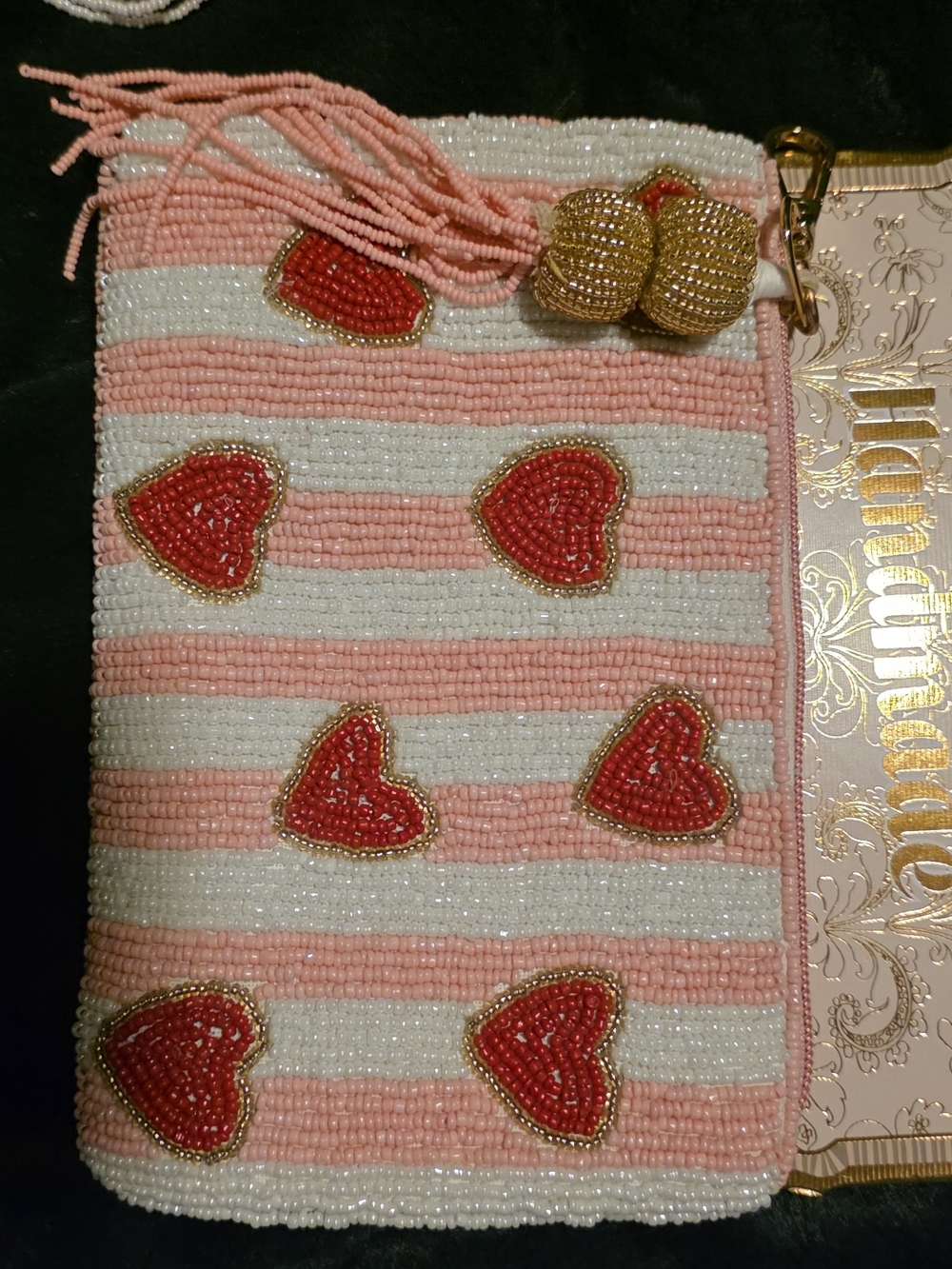 Pink & White Beaded Heart Pouch.